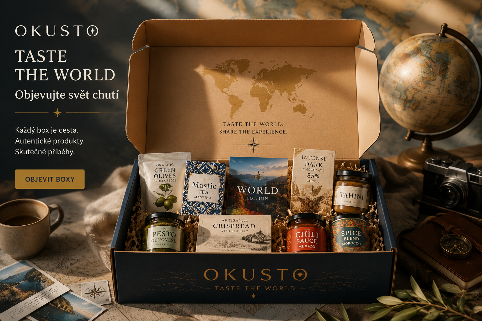 Otevřený box OKUSTO s produkty, uvítací kartou a průvodcem