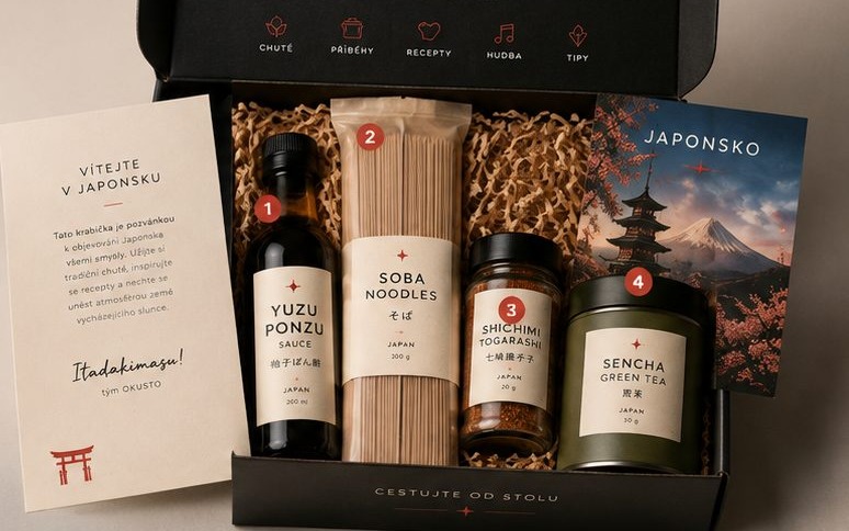 Otevřený box OKUSTO Japonsko s produkty, uvítací kartou a průvodcem