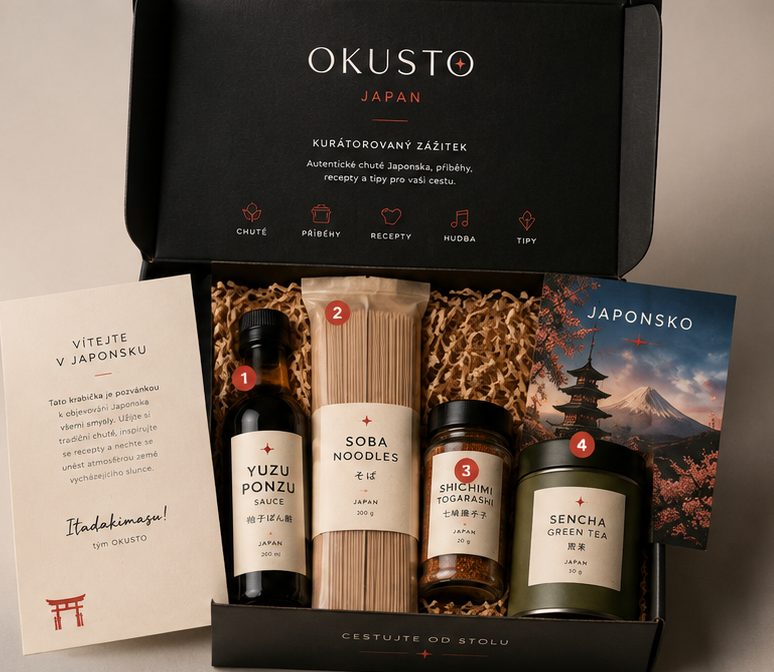 Otevřený box OKUSTO Japonsko s produkty, uvítací kartou a průvodcem